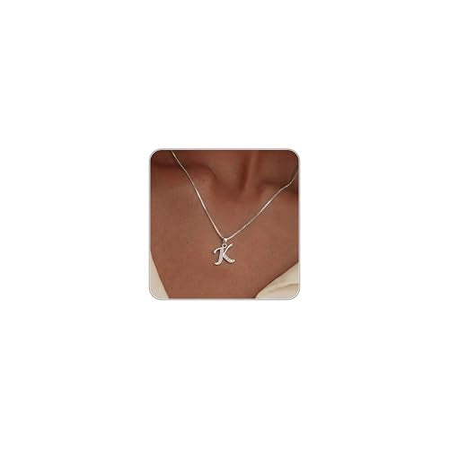 Initial Necklace for Women, 14K Gold Silver Plated Box Chain Letter Pendant, Trendy Name Necklace, Dainty Personalized Charm Jewelry Gift for Her - color: Silver, style: K
