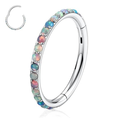 PEAKLINK 316L Surgical Steel Nose Ring Opal Nose Hoop Cartilage Earring Tragus Helix Conch Rook Daith Piercing Jewelry Lip Septum Piercing - color: Silver with Mix Color Opal
