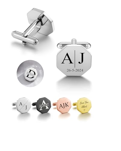 PiercingJ Custom Cufflinks for Men, Personalized Monogram Cufflinks for Groomsmen, Personalized Initial Cuff Links Wedding Gifts for Groom, Groomsmen, Father of Bride, Best Men Husband Dad - color: silver