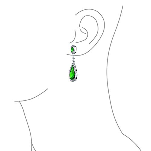 Long Cocktail CZ Halo Teardrop Chandelier Clip On Earrings Silver Plated - color: Green