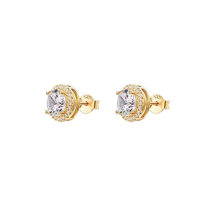 PAVOI 14K Gold Plated 925 Sterling Silver Post Brilliant Round Faux Diamond Halo Earrings - Premium Cubic Zirconia - style: 9.5mm Round
