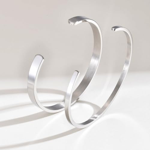 Stainless Steel Mens Cuff Bracelet : Minimal Cool Silver/Black/Gold Plated Open Metal Cuff Bangle Bracelets for Men,Mens Bracelet Jewelry Gift - color: Silver-2-Pack, size: Large( fit 7" to 8.5" wrist)