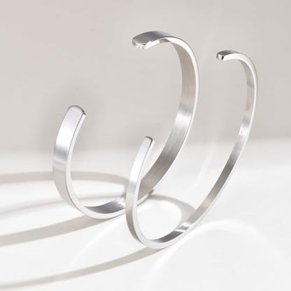 Stainless Steel Mens Cuff Bracelet : Minimal Cool Silver/Black/Gold Plated Open Metal Cuff Bangle Bracelets for Men,Mens Bracelet Jewelry Gift - color: Silver-2-Pack, size: Large( fit 7" to 8.5" wrist)