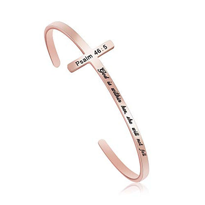 𝐂𝐫𝐨𝐬𝐬 𝐁𝐫𝐚𝐜𝐞𝐥𝐞𝐭 Religious Cuff Bangle 𝐁𝐢𝐛𝐥𝐞 𝐕𝐞𝐫𝐬𝐞 Christian Gifts Jewelry for 𝐖𝐨𝐦𝐞𝐧 - style: God is within her,she will not fall -Psalm 46:5