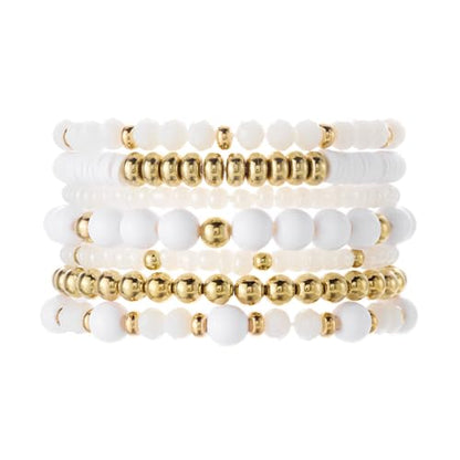 FORUBUS 7Pcs Bohemian Multilayer Stackable Beaded Bracelets Set for Women, Crystal Glass Gold CCB Beads Stretch Bracelet Pack, Summer Beach Boho Jewelry Vacation Gifts - color: White