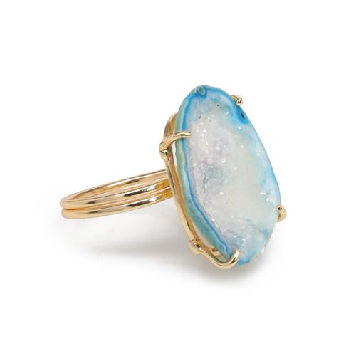 Elegant Geode Druzy Gemstone Statement Ring for Women, Adjustable Ring, Gold Plated Stone Size 20-25mm - color: Aqua, style: 1