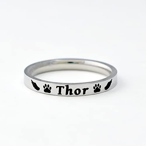 Angel Wings Pet Memorial Name Ring - Custom Stainless Steel Band Ring, Pet Memorial Name, Love Dog Paw print, Personalized Pets Owner Gift for Dog or Cat Mom, Pets Lover