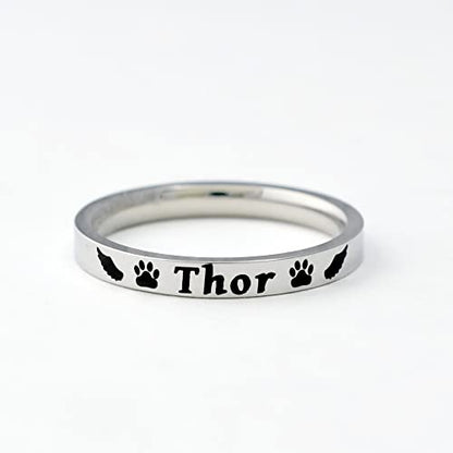 Angel Wings Pet Memorial Name Ring - Custom Stainless Steel Band Ring, Pet Memorial Name, Love Dog Paw print, Personalized Pets Owner Gift for Dog or Cat Mom, Pets Lover