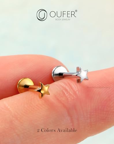OUFER G23 Titanium Threadless Labret Studs – Flat Back Push Pin Earrings for Tragus, Helix, Monroe, Conch, Lip Piercing – 16G/18G, 6MM/8MM - color: Gold-5Star, size: 16g 10mm