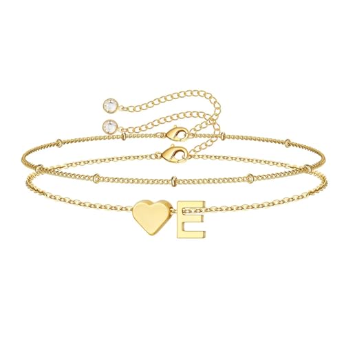 M MOOHAM Initial Bracelets for Women Teen Girls - Heart Letter A-Z Bracelet | Dainty 14K Gold Plated Jewelry, Heart Initial Bracelet, Bracelets for Women Girls Trendy, Birthday Gifts for Women Girls Her - color: Gold - E