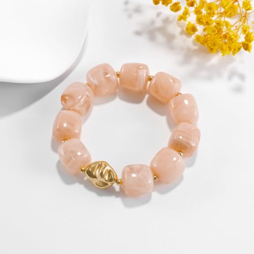 VIBILIA Chunky Beaded Bracelet for Women Multicolor Big Resin Acrylic Bead Elastic Stretch Bracelet, Trendy Statement Bracelets Boho Summer Beach Vacation Charm Jewelry - color: Square-Pink