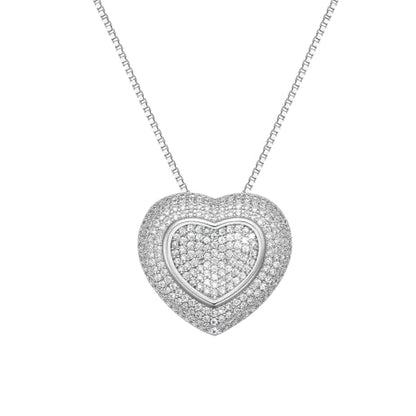 Chuncky Cz Pave Heart Pendant Necklace for Women, Silver | Sparkling Full Pavé Rhinestone, Love Gift for Mom Girlfriend, Floating Heart Necklace, Elegant Chunky Jewelry