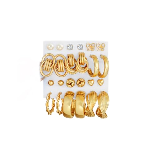 12 Pairs Gold Hoop Earrings, Gold Plated Big Classics Hypoallergenic Stack, Thick Open Twisted Huggie Hoops Earring Set Lightweight