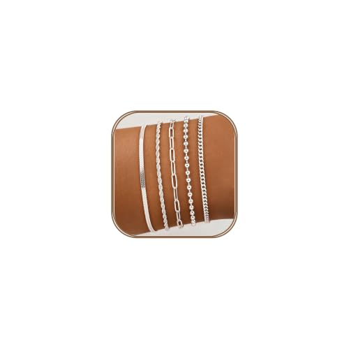 POXTEX 14K Gold Plated Bracelets for Women Waterproof, Non Tarnish Trendy Dainty Minimalist Stackable Jewelry Sets, Herringbone Cuban Paperclip Rope Bead Link Chain Stack Pack, Modern Fashion Accessories Gifts - color: Silver