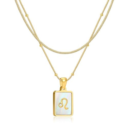 LETFLY Layered Zodiac Necklace for Women 18K Gold Natural Shell Pendant | Birthday Gifts for Women, Daily Wear, Hypoallergenic Material, Personalized Constellation Pendant, Adjustable, Snake Chain - style: Leo
