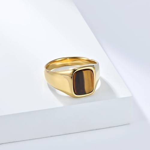 PAMTIER Men's Stainless Steel Gemstone Polished Signet Rings Classic Minimalist Square Cabochon Statement Band Jewelry Gift - color: Gold Yellowish-Brown