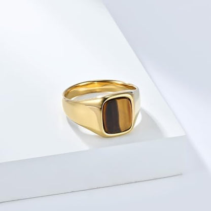PAMTIER Men's Stainless Steel Gemstone Polished Signet Rings Classic Minimalist Square Cabochon Statement Band Jewelry Gift - color: Gold Yellowish-Brown