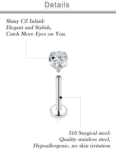 18G 16G 14G Lip Labret Medusa Nose Rings Studs Flat Back Earrings Internally Threaded 316L Surgical Steel Cartilage Tragus Helix Conch Earrings Piercing Jewelry for Women Men 6mm 8mm 10mm - color: 18G - Silver Tone-6/7/8mm Bar