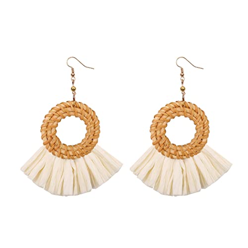 Bohemia Tassel Earrings Statement Handmade Dangle Ethnic Fringe Earrings Bamboo Weaving Geometric Square Sector Gifts for Women - color: round raffia