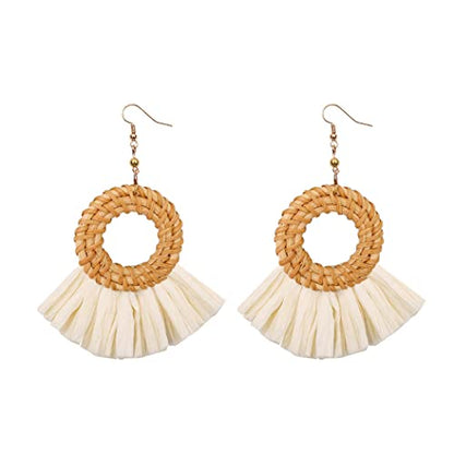 Bohemia Tassel Earrings Statement Handmade Dangle Ethnic Fringe Earrings Bamboo Weaving Geometric Square Sector Gifts for Women - color: round raffia