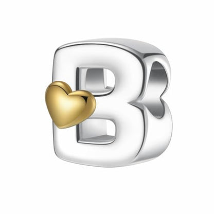 A~Z Alphabet Charm Letter Beads 925 Sterling Silver with Heart-shaped 5A Cubic Zircon Stones fits Pandora European Bracelets Necklace Jewelry Gift for Women - style: B Letter Charms