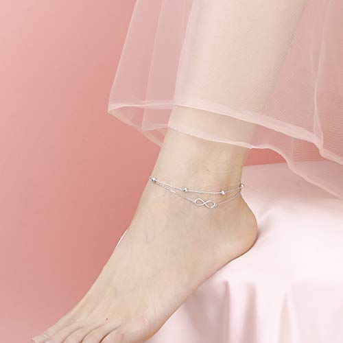Flyow Anklet for Women S925 Sterling Silver Adjustable Foot Beaded Heart Charm Ankle Bracelet Anklets Jewelry - style: infinity 11+1