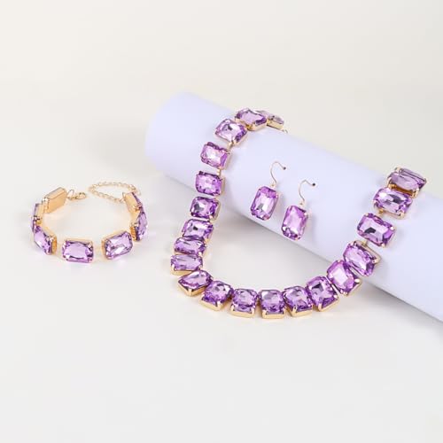 KOSMOS-LI Rectangle Faux Crystal Jewelry Sets Includ Necklace Bracelet Earrings For Women Stocking Stuffers - color: purple