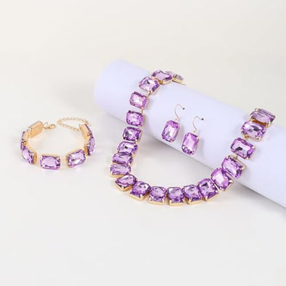 KOSMOS-LI Rectangle Faux Crystal Jewelry Sets Includ Necklace Bracelet Earrings For Women Stocking Stuffers - color: purple