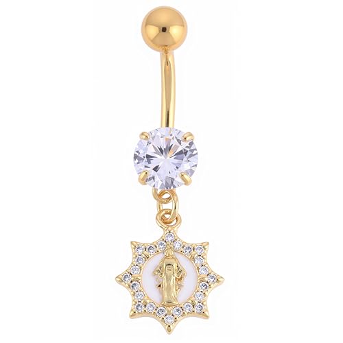 B BodyPJ Sparkles 14G Religious Belly Button Ring with Crystal Cross and Religious Charms, Stainless Steel - style: Type D,Gold