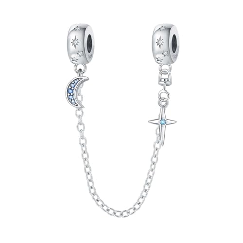 Spacer Stopper Beads for Bracelets & Necklaces, 925 Sterling Silver Beads | Smooth & Pave Cubic Zirconia (White, Blue, 18K Gold Plated) | Anti-Slide Separator Charms S925 Women Jewelry - color: Safety Chain Star and Moon