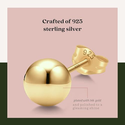 KEZEF 925 Sterling Silver Ball Stud Earrings for Women, 2mm to 10mm | Nine Bead Sizes, Three Finishes, Hypoallergenic Nickel Free Post, Butterfly Push Back, Sold As One Pair - color: 14k Yellow Gold, size: 2mm