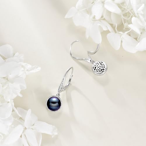 925 Sterling Silver 8mm Pearl Dangle Drop Earrings Moonstone Larimar Opal Rose Quartz Black Pearl Leverback Earrings for Women Christmas Gifts for Her - style: Black Pearl Earrings