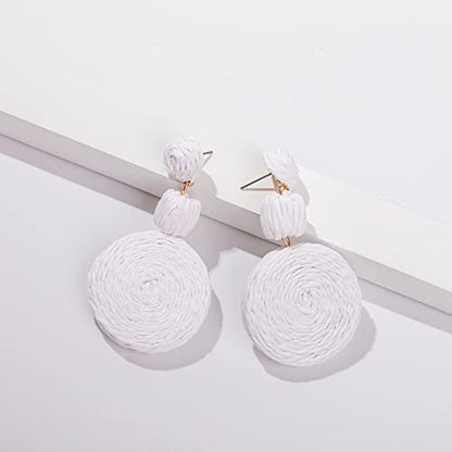 Statement Raffia Boho Round Dangle Ball Earrings - Cute Handmade Summer Bohemian Dangling Jewelry for Women - color: White