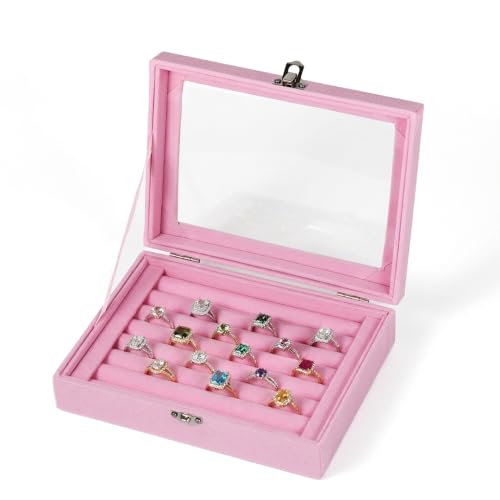 7 Slots Jewelry Box Ring Organizer Box, Pink Velvet Ring Holder, Small Jewelry Display Case with Clear Lid for Women & Girls - color: Pink, size: 7 Slots