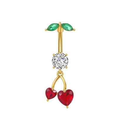 Cute 316L Surgical Steel CZ Cherry Dangle Belly Button Ring 14G Crystal Cherry Belly Navel Rings Navel Curved Barbell Dangling Body Piercing Jewelry 3/8 Inch - color: Gold
