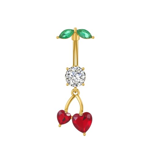 Cute 316L Surgical Steel CZ Cherry Dangle Belly Button Ring 14G Crystal Cherry Belly Navel Rings Navel Curved Barbell Dangling Body Piercing Jewelry 3/8 Inch - color: Gold