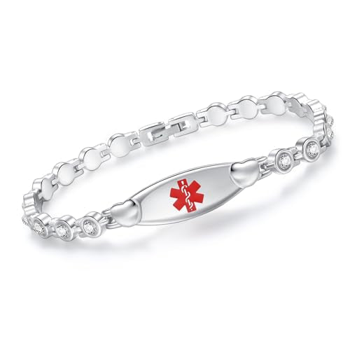 LinnaLove Fashion Shiny medical alert bracelet with Free Engraving Stainless steel Medical id bracelet for Women - color: Crystal heart