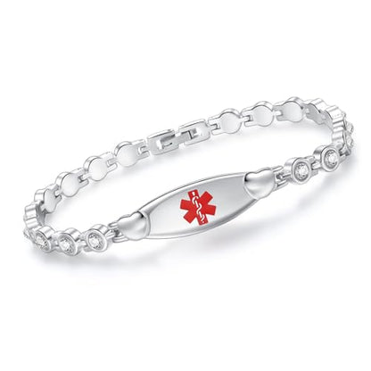 LinnaLove Fashion Shiny medical alert bracelet with Free Engraving Stainless steel Medical id bracelet for Women - color: Crystal heart