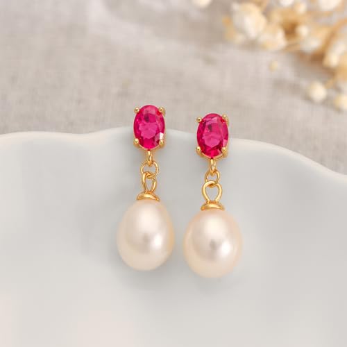 Pearl Drop Earrings Cubic Zirconia Stone Pearl Stud Earrings for Prom, Bridesmaids, Birthday Women Jewelry - color: fuchsia CZ Stone