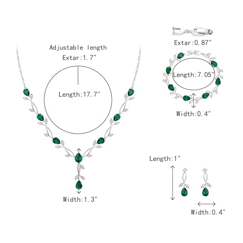 Crysdue Wedding Jewelry Set for Brides Bridesmaid, Cubic Zirconia Teardrop Marquise Leaf Cluster Pendant Necklace Bridal Tennis Bracelet Drop Earrings for Women Party Prom - style: A- CZ set-green, silver