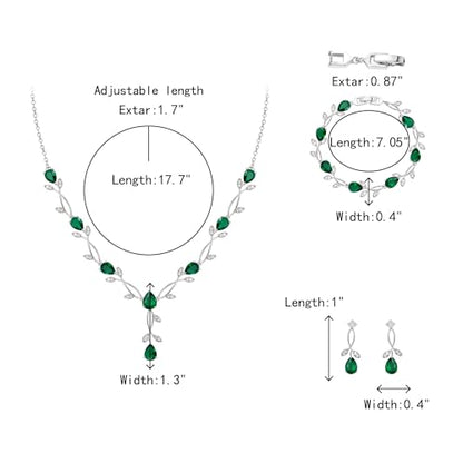 Crysdue Wedding Jewelry Set for Brides Bridesmaid, Cubic Zirconia Teardrop Marquise Leaf Cluster Pendant Necklace Bridal Tennis Bracelet Drop Earrings for Women Party Prom - style: A- CZ set-green, silver