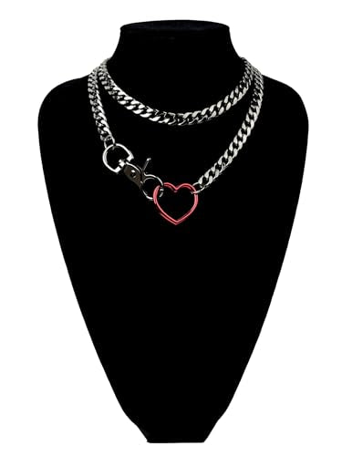 paloli Women's Slip Chain Rainbow Heart O-Ring Chunky Chain Necklace, Rays Cuban Long Layered Jewelry, Adjustable Lariat Y-Necklace Heart Loop Choker - color: C-Heart-Black-Red