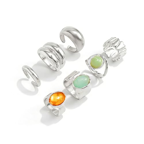 Rings for Women Colorful Chunky Rings Set Adjustable Thick Statement Ring for Women Trendy Dainty Stacking Ring Vintage Chunky Jewelry - style: A : 7PCS - S