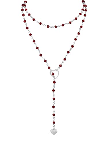 Sacina Long Lariat Beaded Heart Choker Necklace, Goth Emo Punk Grunge Necklace - color: Red