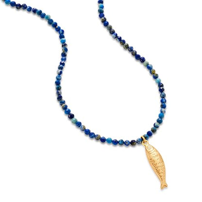 Boho Fish Necklace for Women - Blue Natural Stone Fish Pendant Necklace, Bohemian Beach Jewelry Colourful Jewelry for Summer Vacation - color: Dark blue