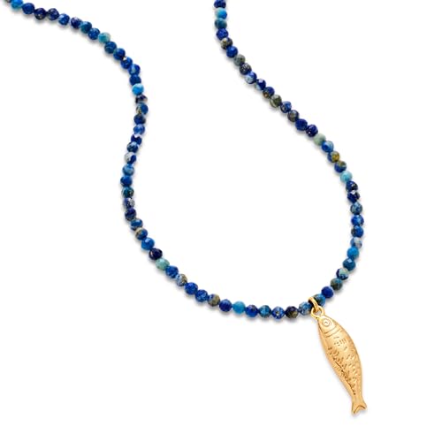 Boho Fish Necklace for Women - Blue Natural Stone Fish Pendant Necklace, Bohemian Beach Jewelry Colourful Jewelry for Summer Vacation - color: Dark blue