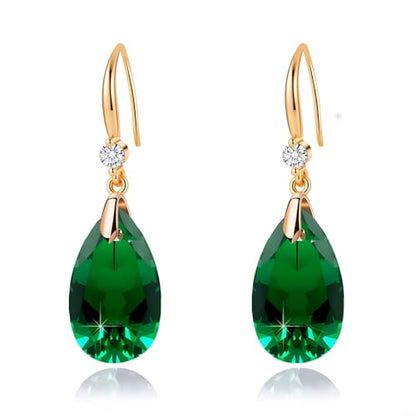 Austrian Crystal Teardrop Dangle Drop Earrings for Women 14K Gold Plated Hook Earring Hypoallergenic Jewelry Gifts for Women Girls - color: Emerald