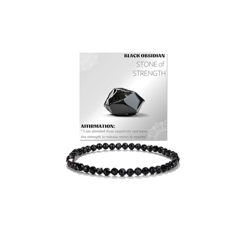 Natural Faceted Crystal Bracelet for Women,4mm Gemstone Round Beads Bracelets Adjustable Stretchy Healing Crystal Beads Bracelets Dainty Jewelry Gift - color: Black Obsidian