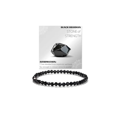 Natural Faceted Crystal Bracelet for Women,4mm Gemstone Round Beads Bracelets Adjustable Stretchy Healing Crystal Beads Bracelets Dainty Jewelry Gift - color: Black Obsidian