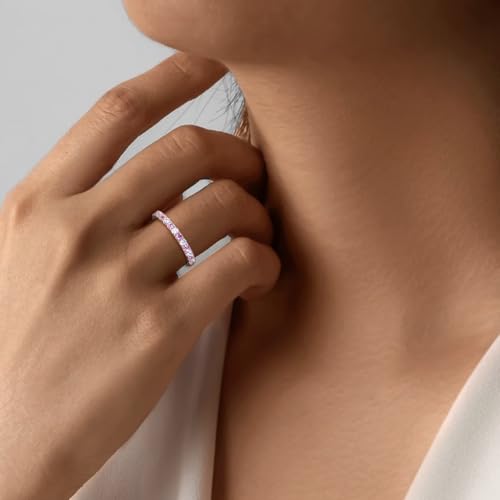 Birthstone Rings Eternity Band 925 Sterling Silver/Yellow Gold-Plated Created Gemstone Stackable Wedding Band 2.7mm Thin Half Eternity Rings for Women Size 6 to 10 - color: 10-Pink Sapphire-Oct.